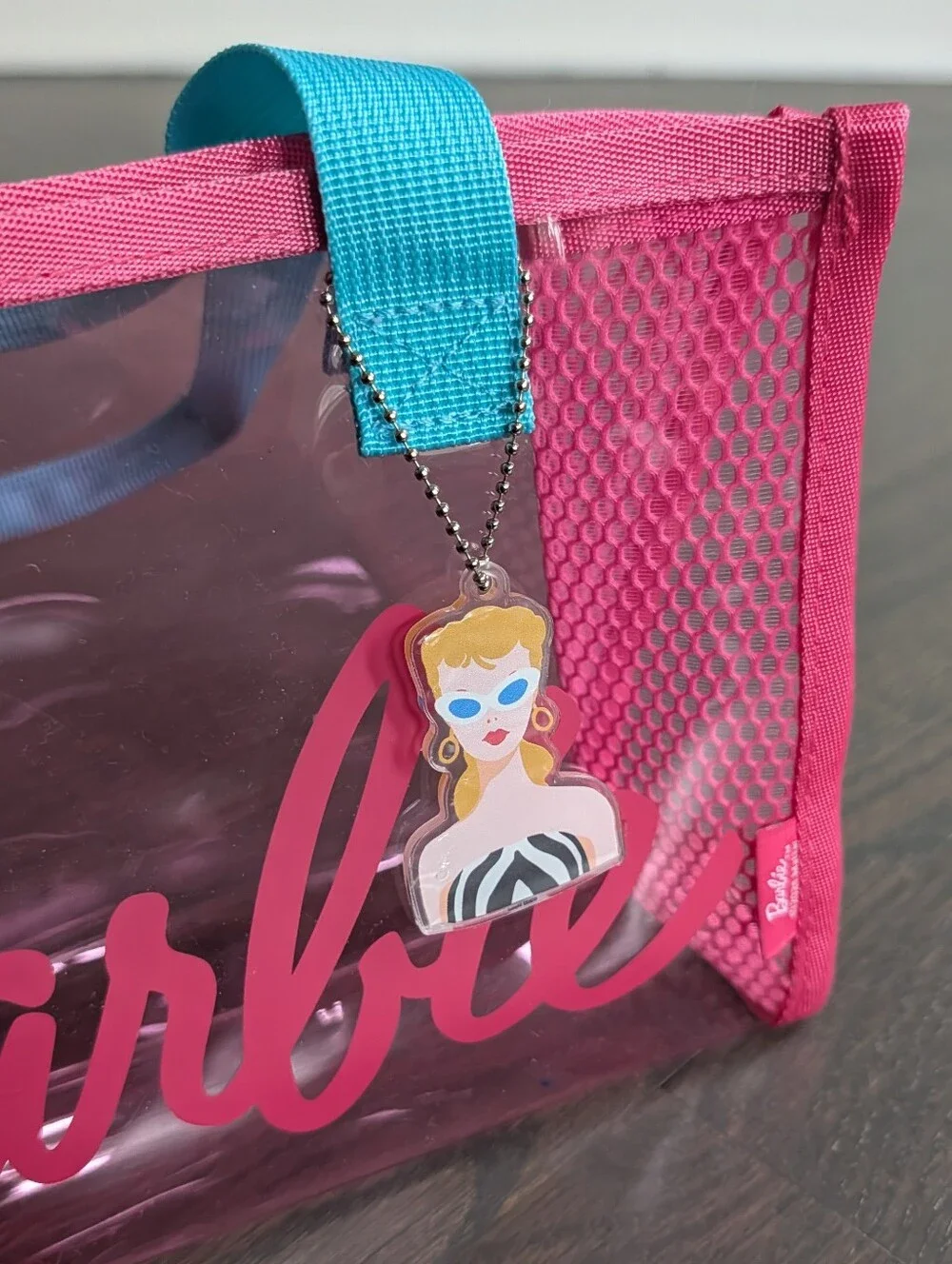 Barbie Pink Clear Tote Bag with Blue Handles